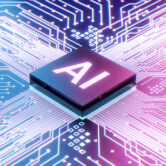 AI microprocessor on motherboard computer circuit, Artificial intelligence integrated inside Central Processors Unit or CPU chip, 3d rendering futuristic digital data technology concept background